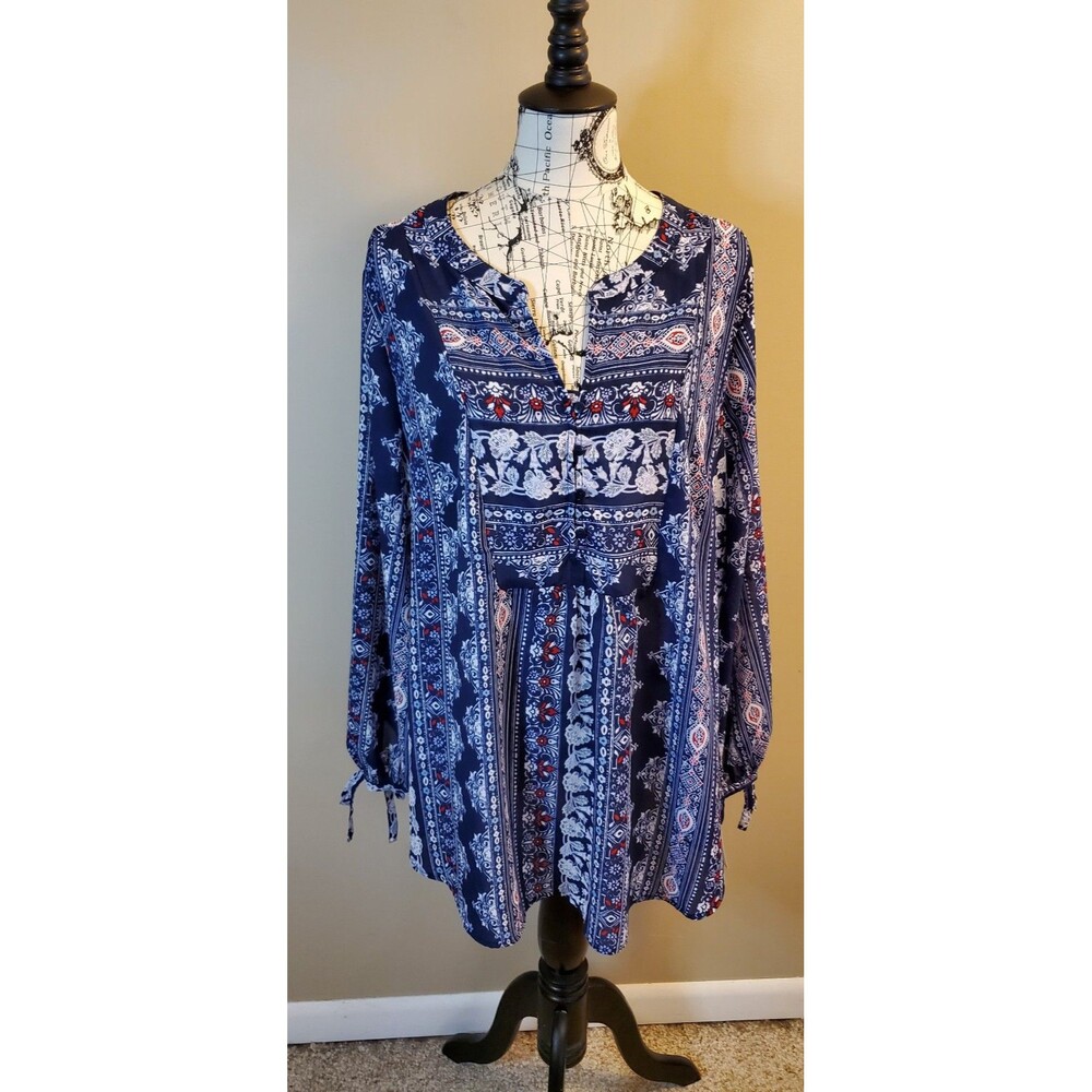 Liz Claiborne Women’s 2X Blue Boho Blouse Long Sleeve Tie Cuff Lightweight NWT